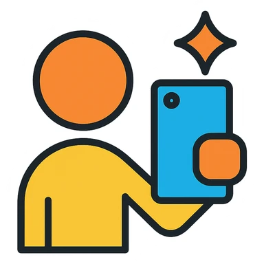 geometric selfie icon using basic shapes, clear lines, and a stylized phone, modern icon style sticker