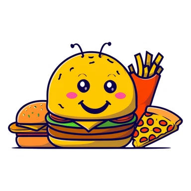 A fun food monster made of burger, pizza, and fries with cartoon eyes and a big smile sticker