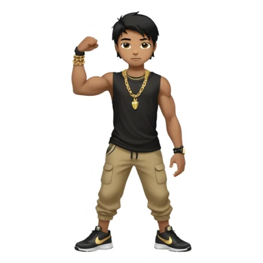 full side body view of muscular 13yo boy with veiny hands arms and biceps. has messy black hair with dark-tan skintone with black tshirt. has gold chain and nike shoes with baggy pants sticker