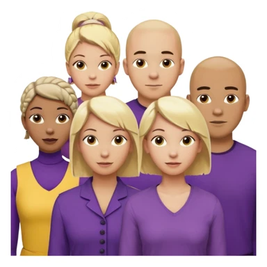 5 person team; 2 men and 3 women.  All dressed in yellow or purple.  1 caucasian woman with blonde mid length hair. 1 caucasian woman with blonde short length hair. 1 caucasian woman has ash blonde hair tied up. 1 man is African-american and bald, 1 man is caucasian and very little hair left.  
 sticker