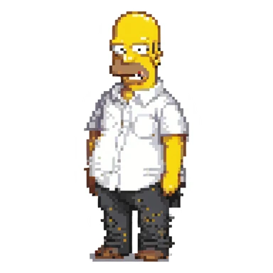 Homer Simpson pixel art style, yellow skin, bald, white shirt, cartoonish look sticker