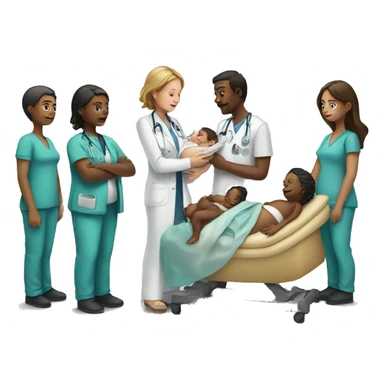 a woman gives birth and doctors stand nearby sticker