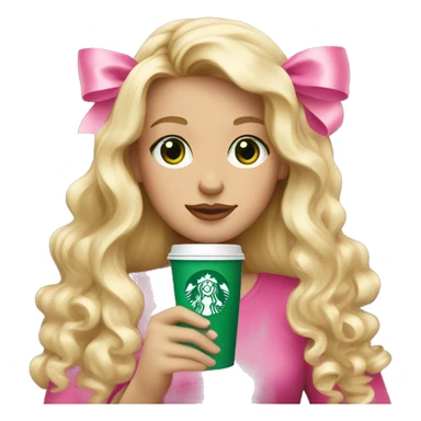 blonde with green eyes drinking pink starbucks wearing a pink bow in long wavy blonde hair sticker