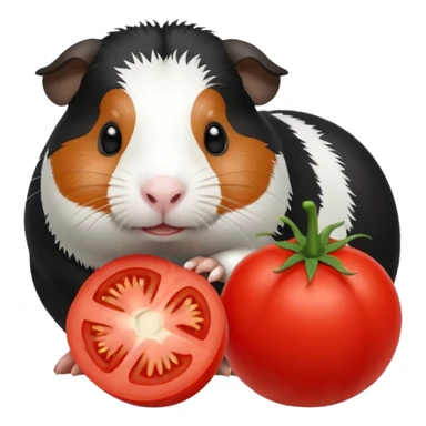 Black and white guinea pig eating tomato sticker
