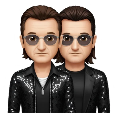Bono from U2 with long dark brown hair, black sequin outfit  sticker