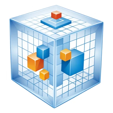An icon featuring a transparent cube with geometric sections and mathematical calculations, symbolizing the study of mathematics. The design includes algebraic formulas, graphs, and mathematical symbols, representing advanced mathematical concepts and problem-solving. Transparent background sticker