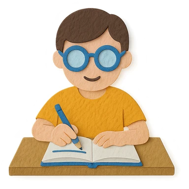 student studying, paper craft style, three-dimensional paper texture, desk and notebook sticker