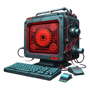 Old cyberpunk computer filled with junk drives and corrupted code, glowing error lights, sparks flying as gears grind and malfunction, interface full of broken UI elements and trash icons, dark gritty sci-fi setting, detailed close-up sticker