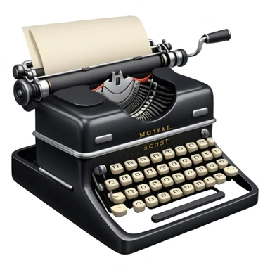 Create an emoji representing screenwriting. The design should feature an open script with visible dialogue and action lines, symbolizing the writing of a screenplay. Include a classic typewriter or a modern writing device, such as a laptop, to signify the process of creating a script. Add a cinema camera next to the script to emphasize the cinematic aspect of screenwriting. Use a professional color palette with black, white, and subtle metallic tones. Do not include any emojis or smiley faces. Make the background transparent. sticker