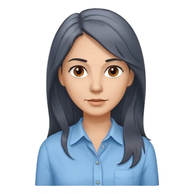 vit 50-årig kvinna med grå slingor i jättelångt mörkbrunt hår bruna ögon ljusblå skjorta med översta knappen uppknäppt sticker