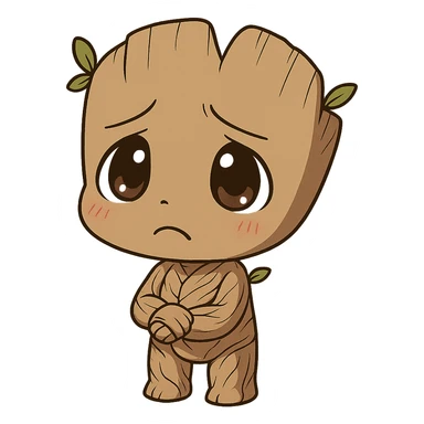 Make Groot more chibi with a sad expression in an anime style. Remove the background. sticker