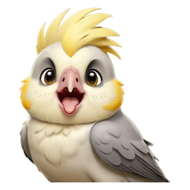 Cinematic Cute Yawning Cockatiel Portrait Emoji, Head tilted slightly with a dramatic, wide-open yawn, showcasing a soft grey fur with subtle yellow accents and gently drooping crest feathers, round dark eyes barely open in drowsy contentment, Simplified yet irresistibly adorable features, highly detailed, glowing with a soft, cozy glow, high shine, relaxed yet expressive, stylized with a touch of whimsy, bright and endearing, soft glowing outline, capturing the essence of a sleepy yet affectionate cockatiel, so drowsy it feels like it could stretch out of the screen and curl up for a nap! sticker