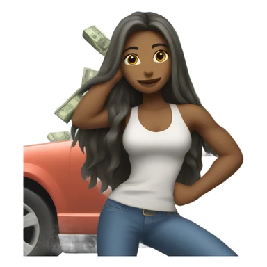 girl flexing money with long hair & a car sticker