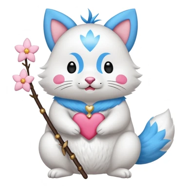 GENERATE ME A MOMONGA WHITE ANIMAL  FROM CHIIKAWA AND PUT A SAKURA FLOWER ON HIS HEAD AND A STAR PELT ON HIS BELLY AND A HEART PURSE ON HIS ARM WITH HIS FACE MAKE HIS TOUNGE STICK OUT WITH A LITTLEPINCH OFDROOL AND MAKE HIM ANIME STYLED ART GIVE HIM A BIG BLUE FLUFFY TAIL sticker