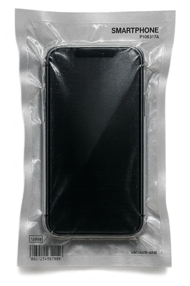 vacuum-sealed smartphone, tightly wrapped and reflective sticker