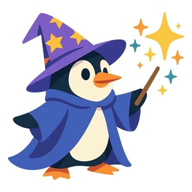 penguin wizard casting a spell with sparkles, whimsical cartoon style sticker