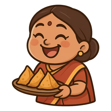 cartoon Indian auntie with bindi, big smile, twinkling eyes, holding tray of samosas, exuding warmth and playful meddling, sticker emoji style sticker