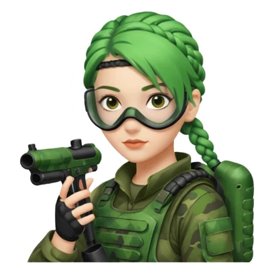 paintball player face girl braided green hair sticker