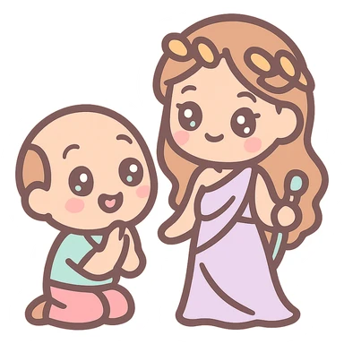 cartoon emoji of a submissive worshipping a beautiful goddess, cute and lighthearted sticker