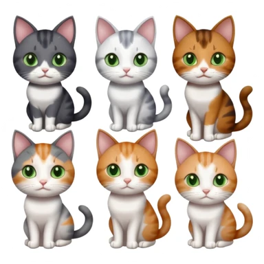 6 different coloured small cats including a dark grey and white, and a patchy calico, and a brown tabby and white,  and a completely solid dark grey with green eyes and only white paws sticker