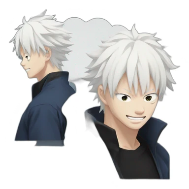 gojo satoru smiling from jujutsu kaisen with white hair, blue sky eyes, wear a black tshirt sticker