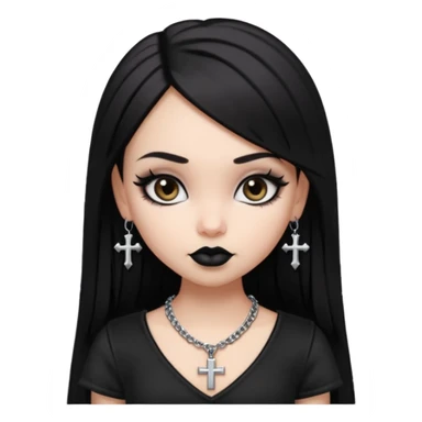 generate a pretty bratz girl in black goth top, black lipstick, black eyeliner, dark brown eyes. Dark brown hair straight long. wearing a silver cross necklace sticker