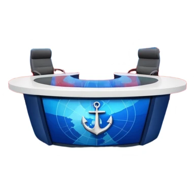 Professional news TV studio interior, modern anchor desk in center, large curved LED screen wall behind presenter, abstract global map graphics, blue dominant colors with red accents, symmetrical composition, broadcast-quality lighting, realistic 3D studio render sticker