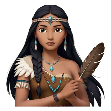 Cinematic Realistic Pocahontas Portrait, depicted with lifelike skin texture, soft natural lighting, and intricately detailed long, flowing raven-black hair that moves gracefully in the wind. Her deep, soulful dark brown eyes exude wisdom and strength, complemented by a serene yet powerful expression. She is shown gently holding a feather in one hand, her other hand resting lightly at her side, embodying the harmonious balance between nature and herself. She is dressed in her classic one-shoulder native American dress, with rich fabric textures and delicate beaded details that catch the light beautifully. The portrait features a soft, sun-kissed glow with a natural, radiant finish, capturing the essence of untamed beauty and deep connection to nature in a realistic and painterly style, evoking a sense of depth and authenticity. sticker