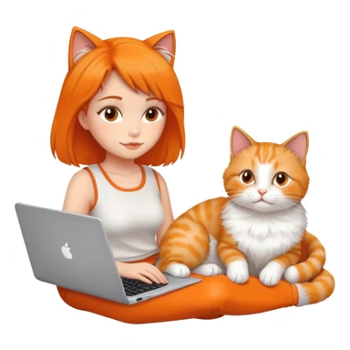 A girl is working on a laptop with a cat lying next to it sticker