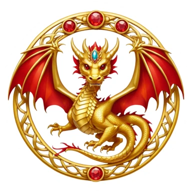 Golden Dragon with wings crest/brosch in a circle with red gems sticker