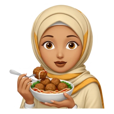 woman wearing a cream colored pashmina hijab eating meatballs sticker