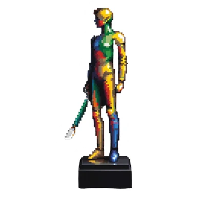 A paintbrush transforming into a metallic human silhouette sculpture, with museum-like display pedestal, symbol of artistic identity sticker