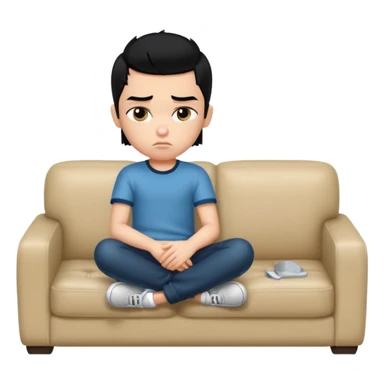 a pretty bratz boy with black hair and fat on a sofa looking sad sticker
