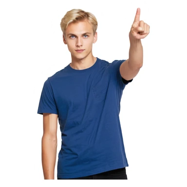 Flat pixel art, confident male leader, Caucasian, short neat blonde hair, sharp eyes, indigo T-shirt, one arm raised pointing out, waist-up, front-facing sticker