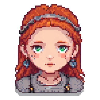 girl with red hair and four eyebrows, pixel art style sticker