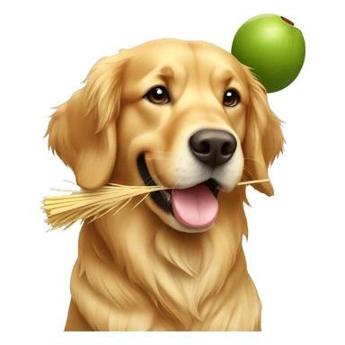golden retriever with green coconut in his hand and straw going to his mouth sticker