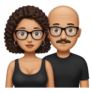 A picture of a tanned couple. the man is a Mexican man with tanned skin, with a bald hair cut, short beard and wearing a black shirt, no glasses. the woman is wearing rectangle shaped glasses, with long curly dark brown hair and with big boobs  sticker