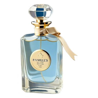 gainst a powdery blue silk backdrop, a vintage crystal perfume bottle with delicate gold filigree detailing catches the soft glow of the morning light. A silken ivory ribbon, loosely tied around its slender neck, cascades onto the fabric, creating soft folds. Scattered around the bottle, pale blue and creamy white pansies rest gently, their petals carrying hints of pearl-like shimmer. A few stray petals, kissed by the golden light, add a touch of delicate imperfection, evoking a sense of quiet romance. sticker