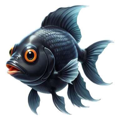 Cinematic Comical Black Goldfish Portrait Emoji, Head tilted dramatically with an exaggeratedly amused expression, featuring a striking, glossy deep black body with vibrant, fluttering fins, wide, expressive golden eyes filled with playful disbelief, Simplified yet hilariously expressive features, highly detailed, glowing with a slightly sassy glow, high shine, dramatic yet playful, stylized with an air of cheeky mischief, bright and endearing, soft glowing outline, capturing the essence of a spirited and over-the-top goldfish, so meme-worthy it feels like it could side-eye its way into internet fame instantly! sticker