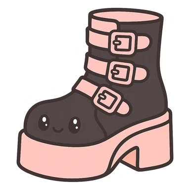 BLACKPINK-inspired gothic shoes, no hearts, black and pink, cute and stylish, kawaii style, pastel orange accents, platform boots with buckles sticker
