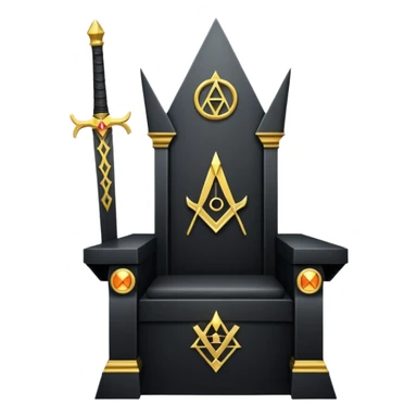 wide big iron black sword throne with gold accents and glowing Illuminati symbol sticker