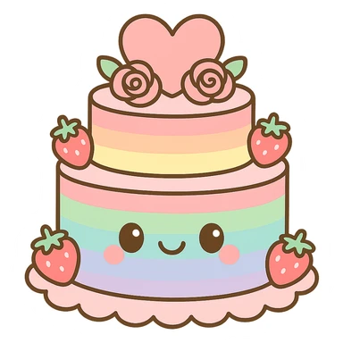 rainbow wedding cake with strawberries, pink roses, heart topper, kawaii style sticker
