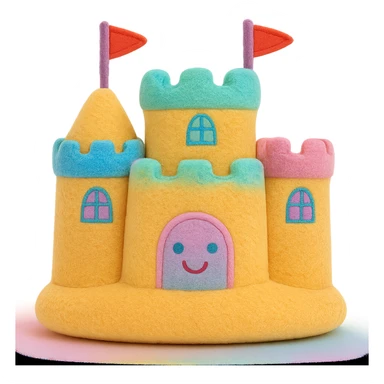 Make the plush jellycat sand castle toy more colorful with vibrant and pastel details, keep the soft plush look, no background, soft plush toy style sticker