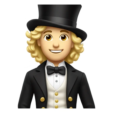Young man with lively blond hair, colorful elegant in black with top hat sticker
