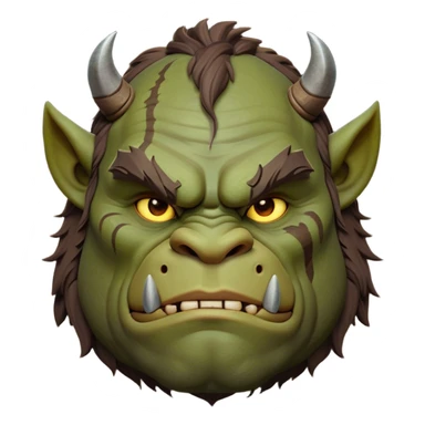 Cinematic Noble Ogre Portrait Emoji, Majestic and imposing, with a rugged, muscular form in deep earthy greens and browns, adorned with battle scars and subtle tribal markings, exuding calm, noble strength and unexpected wisdom, simplified yet strikingly detailed, glowing with a shadowy outline that captures the essence of a gentle giant with fierce heart! sticker