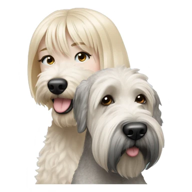 pretty woman blonde hair blue eyes hugging a white and gray soft coated wheaten terrier dog with bangs over one dog eye sticker