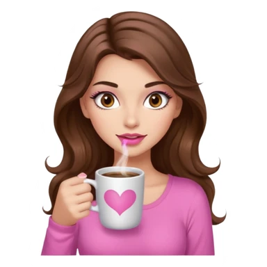 girl with long wavy brown hair, brown eyes, long lashes makeup, sexy pink lips, light to medium complexion, pink sexy top, with a hot coffee mug sticker