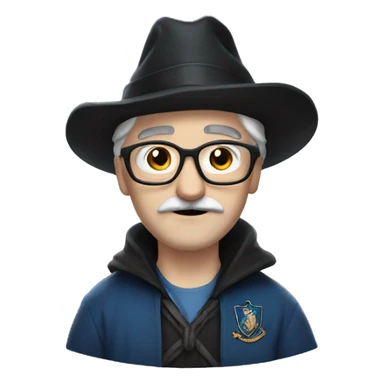 man with white skin,hair is straight and black, a black mustache, glasses, with a magic hat, ravenclaw sticker