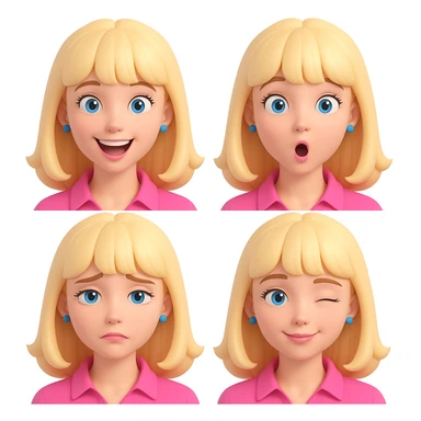 Create four different facial expressions: happy, surprised, sad, and winking. Keep the character with blonde hair with bangs, wearing a pink blouse, and having blue eyes. The style should resemble 3D emoji style as closely as possible. sticker