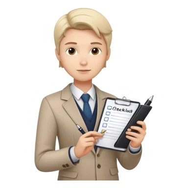 a person holding a checklist and pen, wearing smart casual clothing. The character is in a focused pose sticker